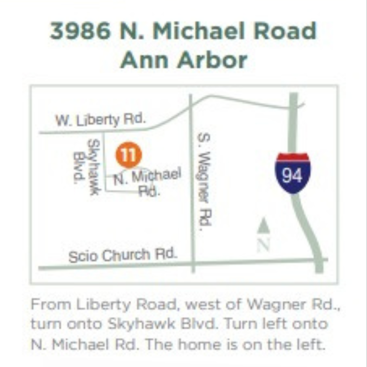 RHT Map 2025 Map to 3986 N. Michael Road in Ann Arbor for the 2025 Remodelers Home Tour, showing W. Liberty, S. Wagner, Scio Church, and I-94.